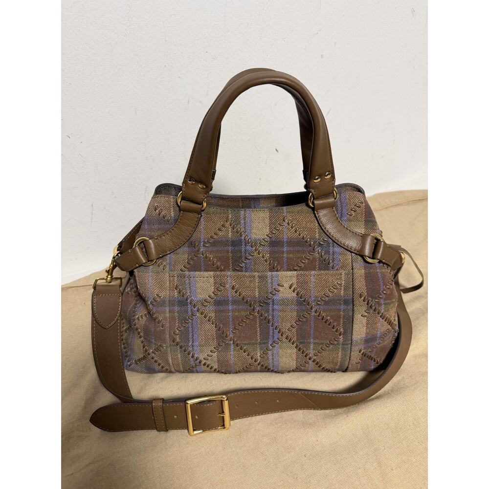 Aimee Satchel Bag Womens Medium Brown Leather Tweed Plaid Top Handle Crossbody - Picture 3 of 14